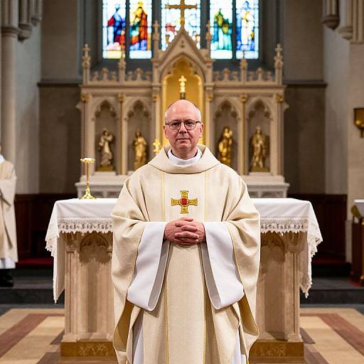 Photograph of a bald, middle-aged Catholic priest in cream vestments with a red cross, standing in a ornate, stained glass-lit church