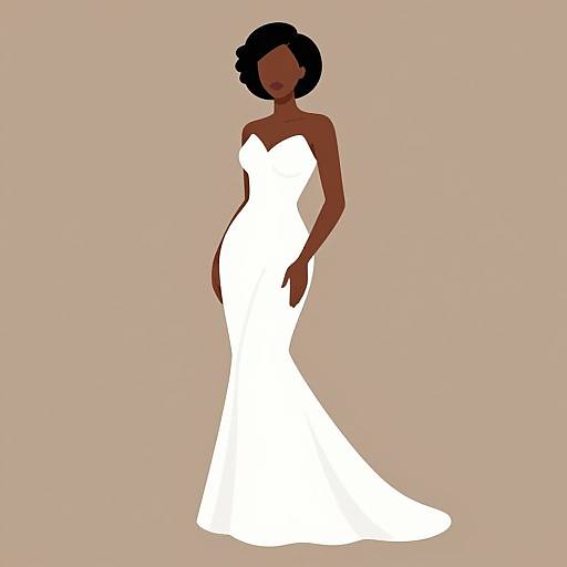 Digital silhouette of a dark-skinned woman with short curly hair, wearing a strapless, form-fitting white wedding gown, against a beige background.