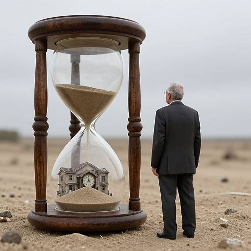 Photograph of an elderly man in a black suit standing beside a wooden hourglass with a miniature house inside, in a desolate, rocky landscape.