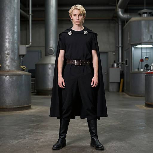 Photograph of a blonde man in a black cloak, black pants, and boots, standing in a dimly lit industrial warehouse.