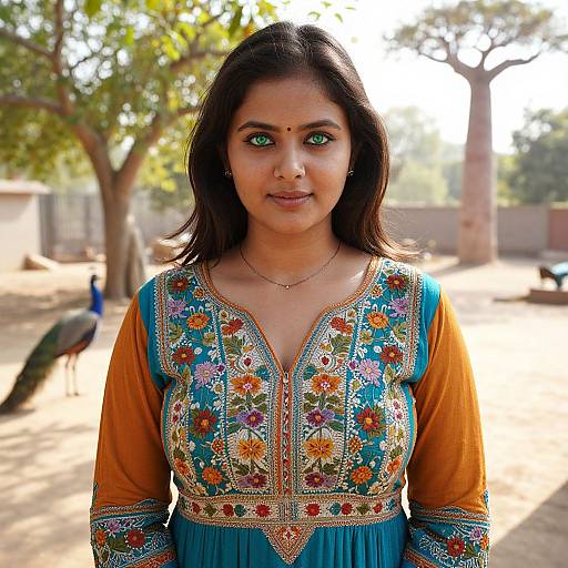 Photograph of a young Indian woman with green eyes, wearing a vibrant blue and orange embroidered traditional dress, standing outdoors with trees and a peacock in