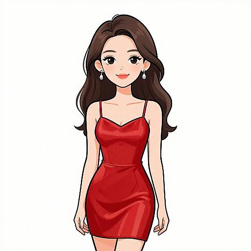 Digital anime-style illustration of a smiling woman with long brown hair, wearing a strapless, form-fitting red dress and dangling earrings, standing against a