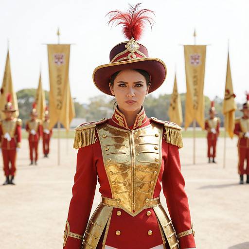 Photograph of a confident woman in a red and gold military uniform with a feathered hat, standing in front of a parade with other uniformed soldiers