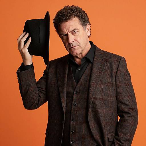 Photograph of a curly-haired middle-aged man in a black suit and shirt, holding a black hat, against a bright orange background, looking directly at