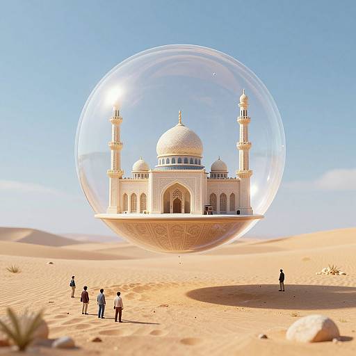 Photograph of a clear glass bubble encasing a white, domed mosque in a desert, with five small figures standing outside. Bright blue sky,