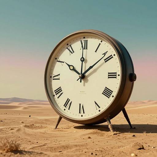 Photograph of a large, white, Roman numeral clock with black hands and frame, standing on two legs in a sunlit desert. Clear blue sky
