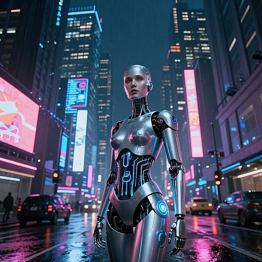 Photorealistic CGI of a silver, humanoid robot woman with black circuitry patterns standing in a neon-lit, rainy, futuristic city street.