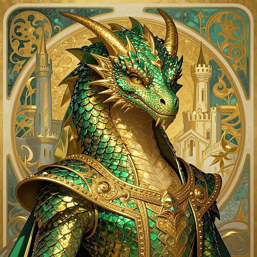 Digital illustration of a regal, green-scaled dragon with golden armor, set against an ornate, medieval castle backdrop with intricate golden patterns.