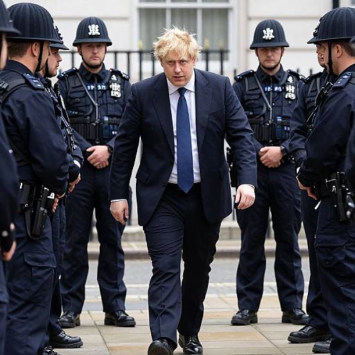 Photograph of a blonde man in a black suit and tie, flanked by four armed police officers in black uniforms, walking outdoors.