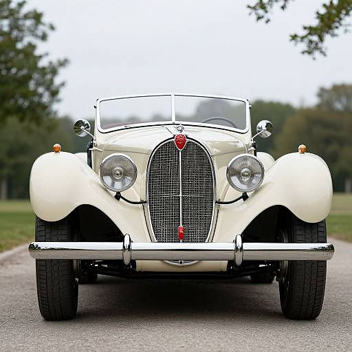 Photograph of a vintage cream-colored classic car with a large grille, round headlights, and red emblems, parked on a road with a blurred green