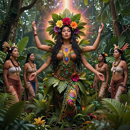 Digital artwork of a central Native Amazonian woman in vibrant tribal attire with 6 arms, surrounded by 3 women in a lush jungle, adorned with