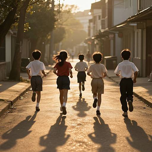 Photograph of six children running away from the camera down a sunlit, shadowy street, wearing casual clothes, with trees and buildings on either side