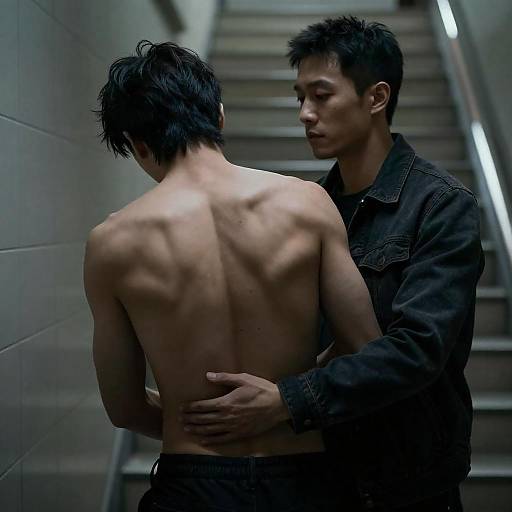 Dimly Lit Tense Staircase Intimate Confrontation