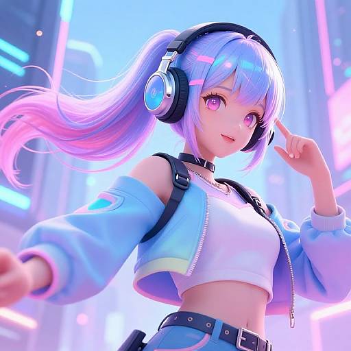 Digital anime-style drawing of a cute, purple-haired girl with pink highlights, wearing headphones, a blue jacket, and a white crop top, in a