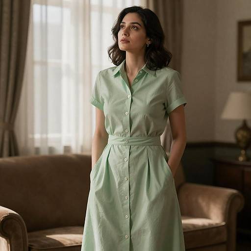 Woman Gazing Up in Dim Sunlit Room