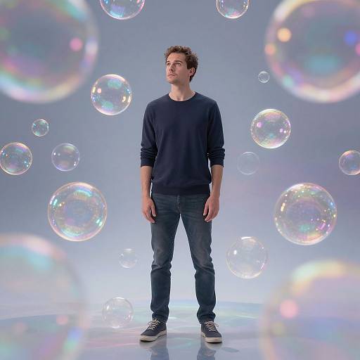 Photograph of a young man with short brown hair, wearing a black sweater, blue jeans, and black sneakers, standing amidst floating iridescent bubbles