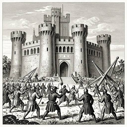 Black-and-white illustration of medieval knights in armor attacking a castle with round towers, holding spears, amidst a chaotic battlefield scene.