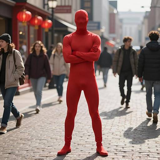Man in Red Full-Body Costume on Urban Street