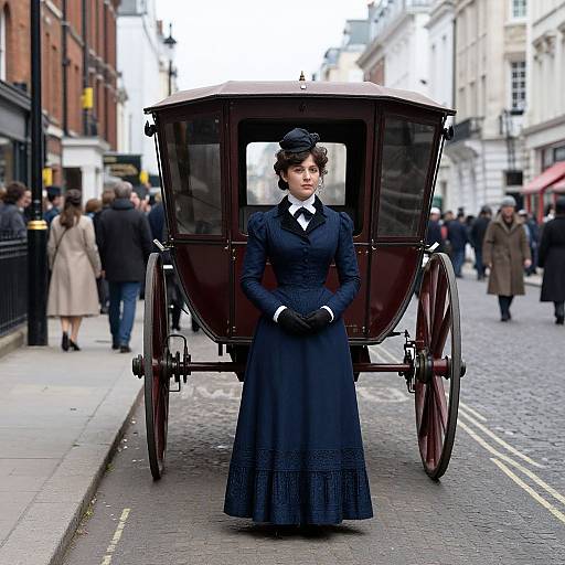 Photograph of a Victorian-era woman in a black dress and hat, standing in front of a dark wooden horse-drawn carriage on a cobblestone