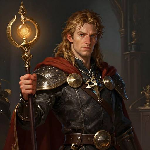 Digital artwork of a blond, muscular warrior with long hair, wearing dark armor, a red cape, and holding a glowing staff in a dimly lit