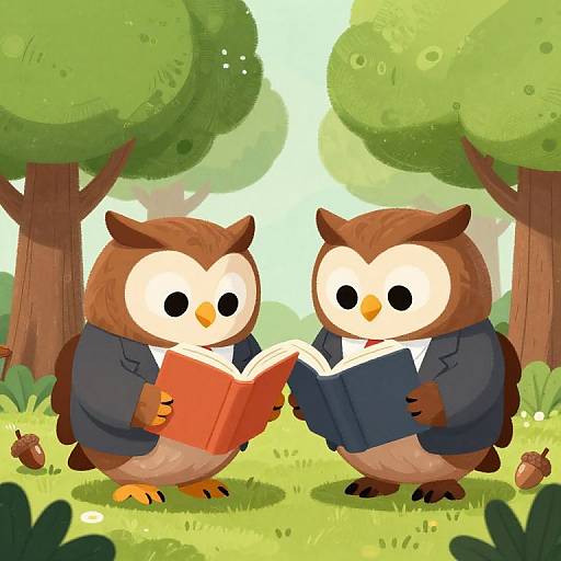 Cute digital illustration of two cartoon owls in blue blazers, reading books in a sunny forest with green trees and grass.