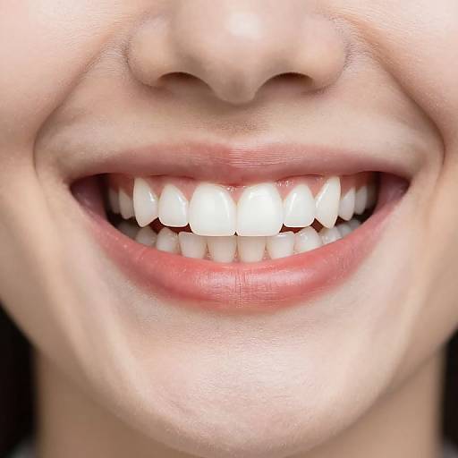 Close-up photograph of a smiling person showing bright white teeth and slightly parted lips with pinkish-red lipstick.