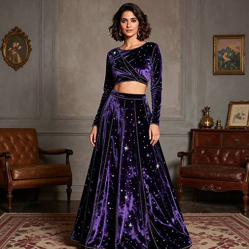 Photograph of a dark-haired woman in a mid-century modern room wearing a long-sleeve, star-patterned, dark purple velvet crop top and