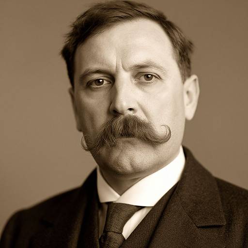Sepia-toned photograph of a middle-aged man with a thick mustache, wearing a dark suit, white shirt, and tie, against a plain