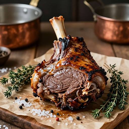 Photograph of a perfectly grilled, juicy pork chop with crispy, charred edges, resting on parchment paper with rosemary sprigs and sea salt,