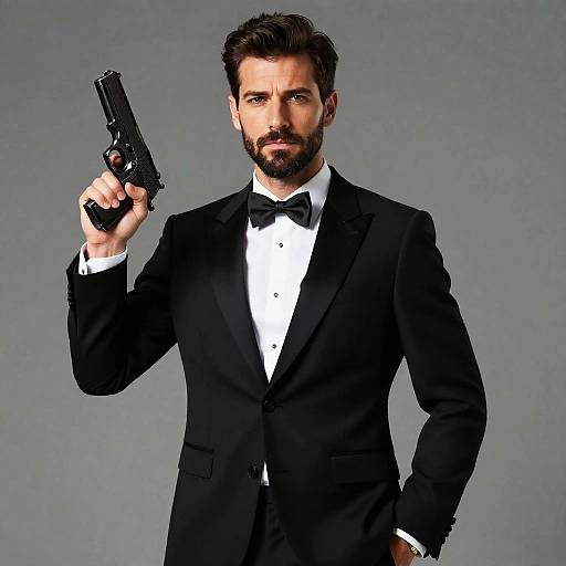Confident Man in Tuxedo with Gun