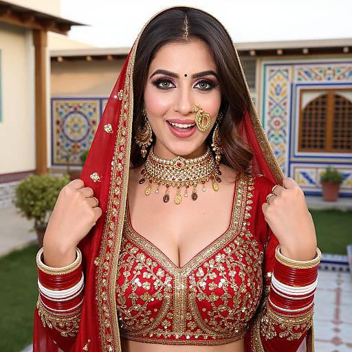 Photograph of a beautiful South Asian woman in an ornate red bridal outfit with gold embroidery, wearing a red veil, gold jewelry, and traditional makeup