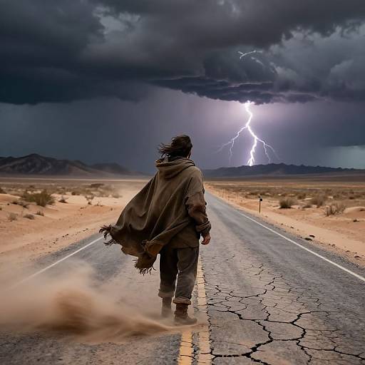 Photograph of a lone figure in a tattered cloak walking on a cracked desert road, facing a dramatic lightning storm under dark clouds.