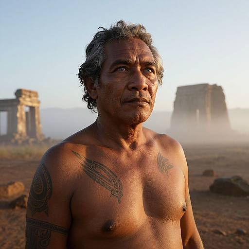 Photograph of a shirtless, middle-aged Indian man with gray hair, tattoos on chest and arm, standing in a misty, sunlit desert