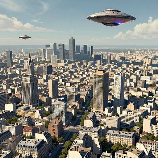 Aerial CGI of a bustling cityscape with two UFOs hovering above skyscrapers, featuring detailed buildings and a bright blue sky.