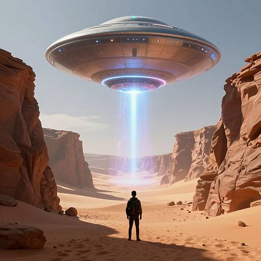 Photorealistic CGI: Silhouetted figure stands in desert canyon, gazing up at two hovering, illuminated UFOs emitting bright blue beams.