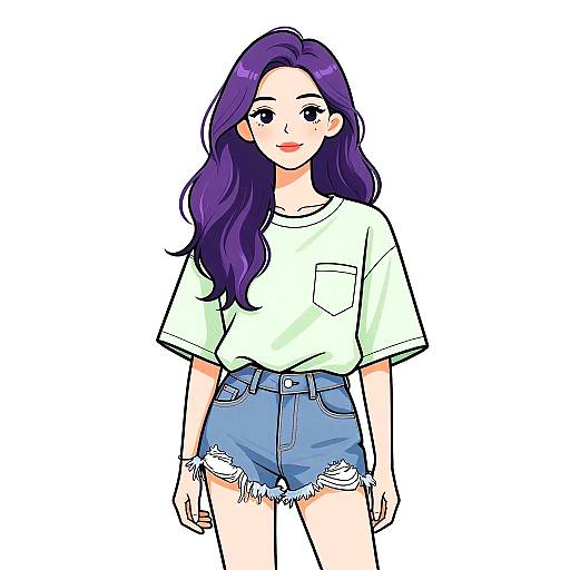 Digital anime-style drawing of a purple-haired woman with fair skin, wearing a white t-shirt and frayed blue denim shorts, standing against a white background