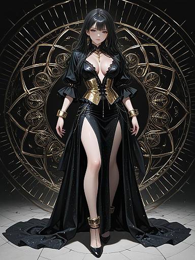 Digital art of a black-haired woman in a revealing, black, gold-accented gown with high slit, standing against a cosmic, golden circular pattern