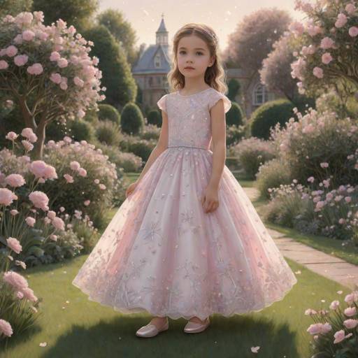 Young Girl in Elegant Pink Dress in Garden