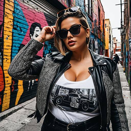 Woman in Leather and Tweed Jacket with Sunglasses