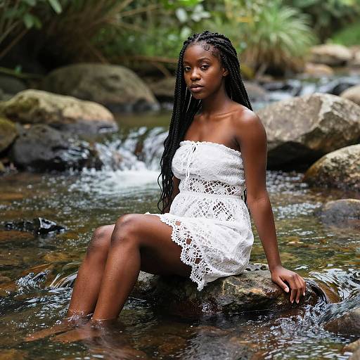 Photograph of a beautiful Black woman with long braids, wearing a white lace strapless dress, sitting on a rock in a flowing forest creek.