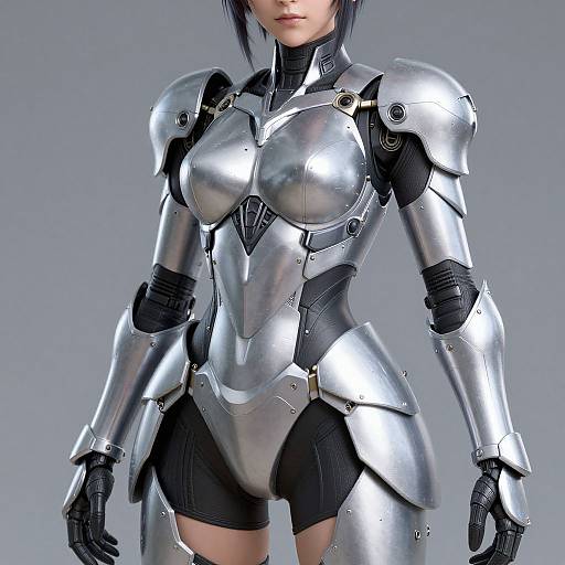 CGI image of a woman in shiny silver armor with black accents, featuring shoulder pauldrons, chest plate, and black shorts. Gray background.