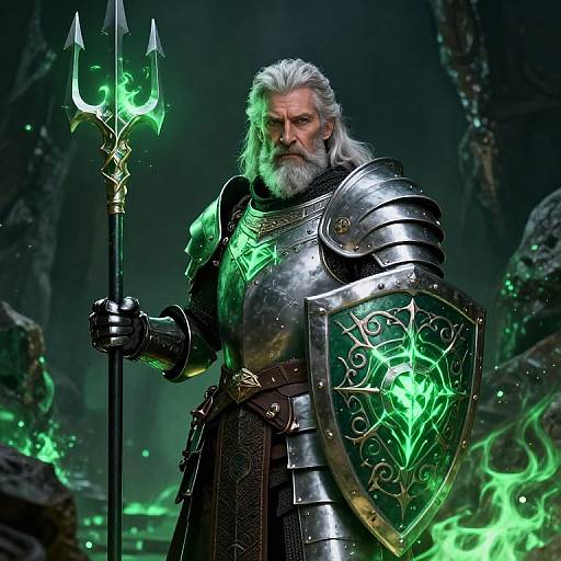 Digital artwork of a grey-bearded, muscular warrior in silver armor holding a glowing green trident and shield, standing in a dark, mystical forest with