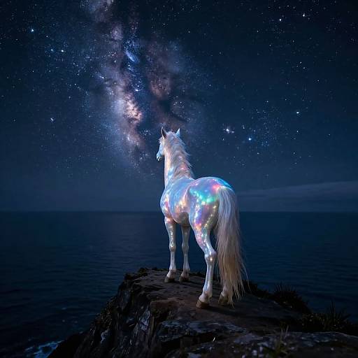 Photograph of a glowing, white, rainbow-maned horse standing on a rocky cliff, gazing at a starry night sky with the Milky Way