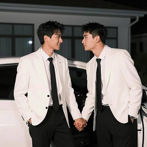 Two Men Holding Hands by White Car at Night