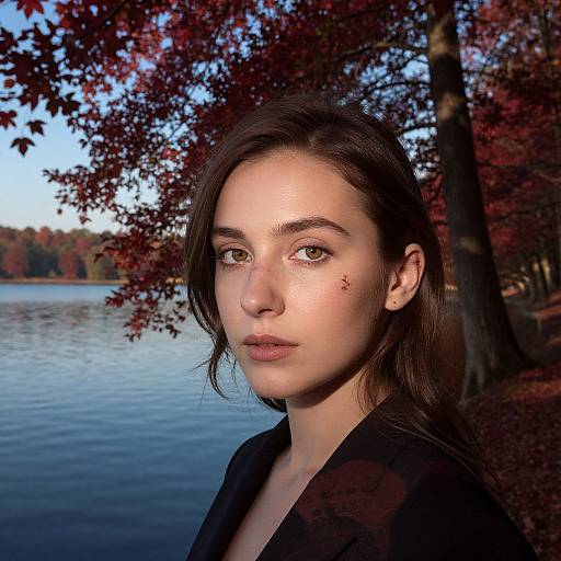 Photograph of a young woman with fair skin, brown eyes, and brown hair, wearing a black plaid shirt, standing by a tranquil lake with