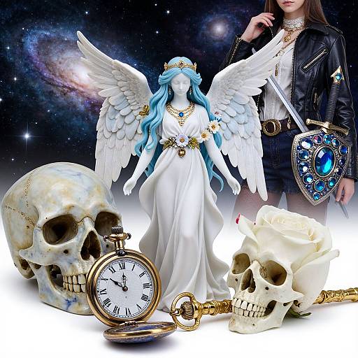 Photograph of a white angel statue with blue hair, surrounded by skulls, a clock, a pocket watch, and a woman in a black leather jacket