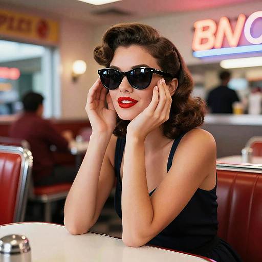 Photograph of a 1950s-style woman with dark brown, wavy hair, wearing black sunglasses, red lipstick, black sleeveless dress,