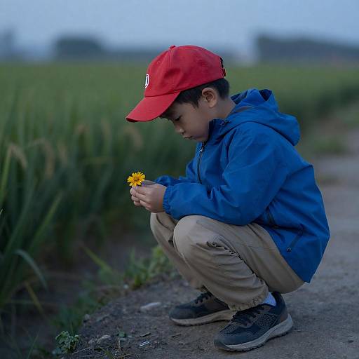 Crouching Boy with Yellow Flower at Twilight