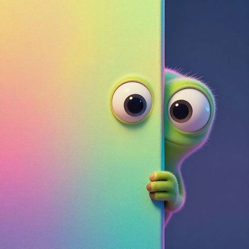 Digital CGI image of a green, fuzzy, wide-eyed creature peeking from behind a colorful gradient door with large black pupils.
