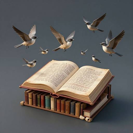Photograph of an open book with flying birds above, stacked on a shelf of colorful books, against a dark blue background.